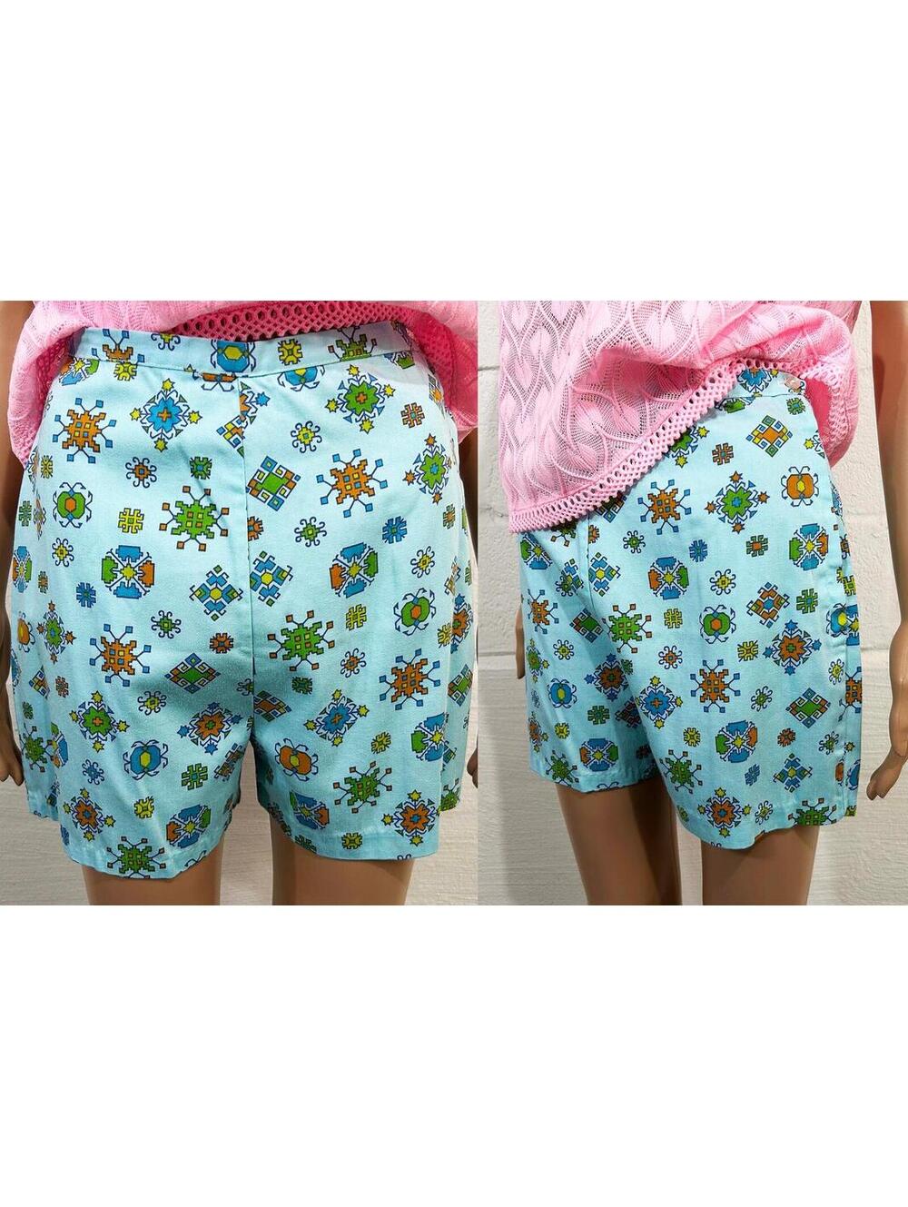 Blue Geometric Shorts Cotton Short Hot Pants TV Movie Costume 1960s Small XS
